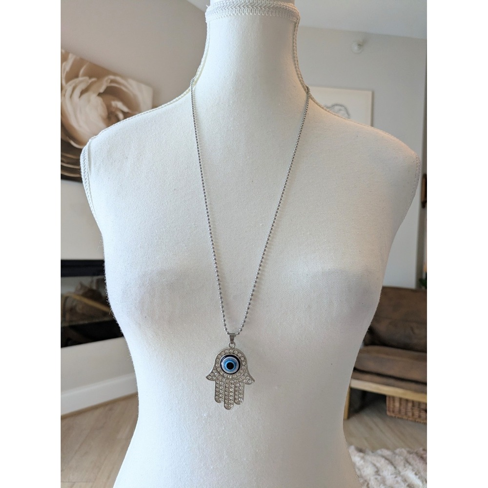 Hamsa Evil Eye Pendant Necklace Silver Tone Blue Rhinestone Hand Ball Chain 30in